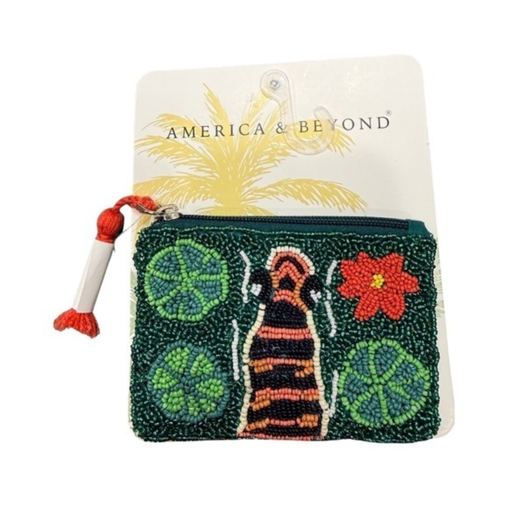 America & Beyond Beaded Coin Pouch Green Tiger Tropical Boho Fair Trade NWT